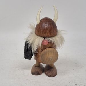 Wooden Viking Figurine with Horns Vintage